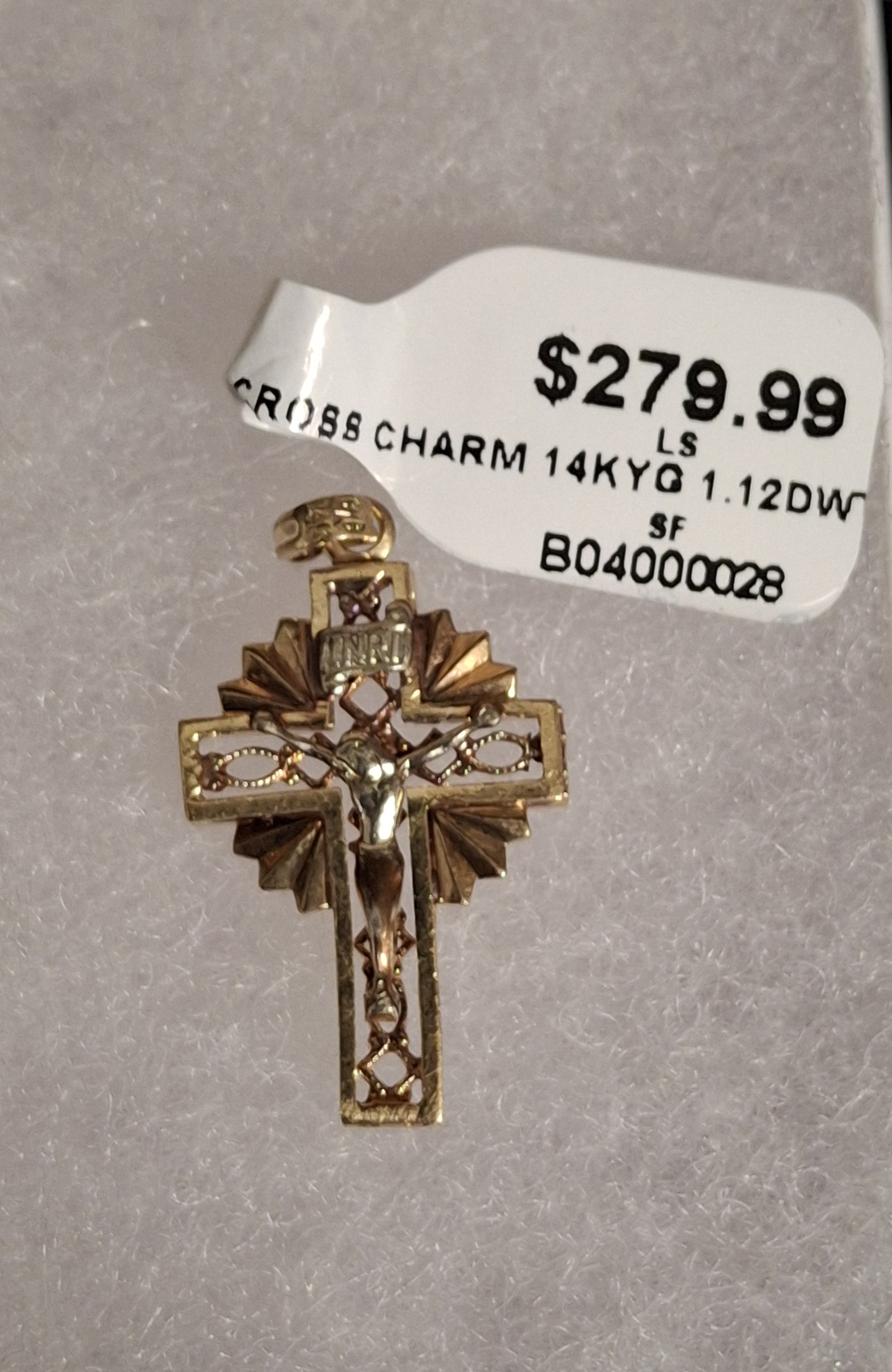 GOLD CHARM: 1.12DWT 14K-Y/G, RED STONE CROSS CHARM